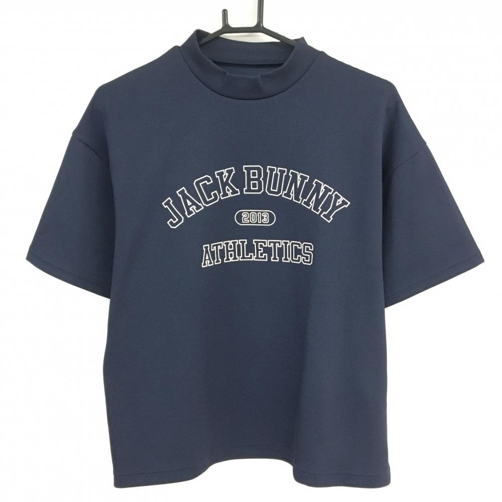 【美品】ジャックバニー 半袖ハイネックシャツ ネイビー×白 フロントロゴ レディース 1(M) ゴルフウェア 2024年モデル Jack Bunny