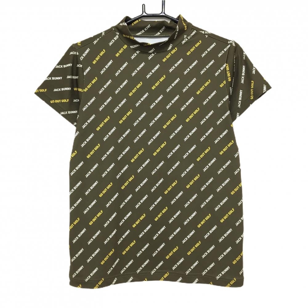 【超美品】ジャックバニー 半袖ハイネックシャツ カーキブラウン×白 ロゴ総柄 ストレッチ レディース  ゴルフウェア Jack Bunny