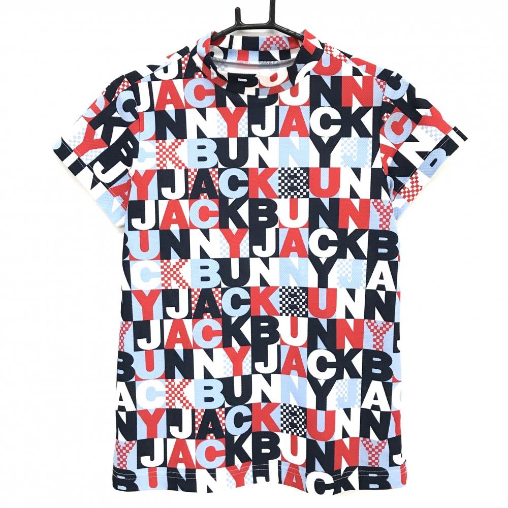 【美品】ジャックバニー 半袖ハイネックシャツ ネイビー×レッド 英字総柄 レディース 1(M) ゴルフウェア Jack Bunny