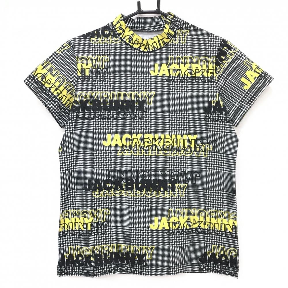 【超美品】ジャックバニー 半袖ハイネックシャツ 白×黒×イエロー グレンチェック ロゴ総柄  レディース 2(L) ゴルフウェア Jack Bunny