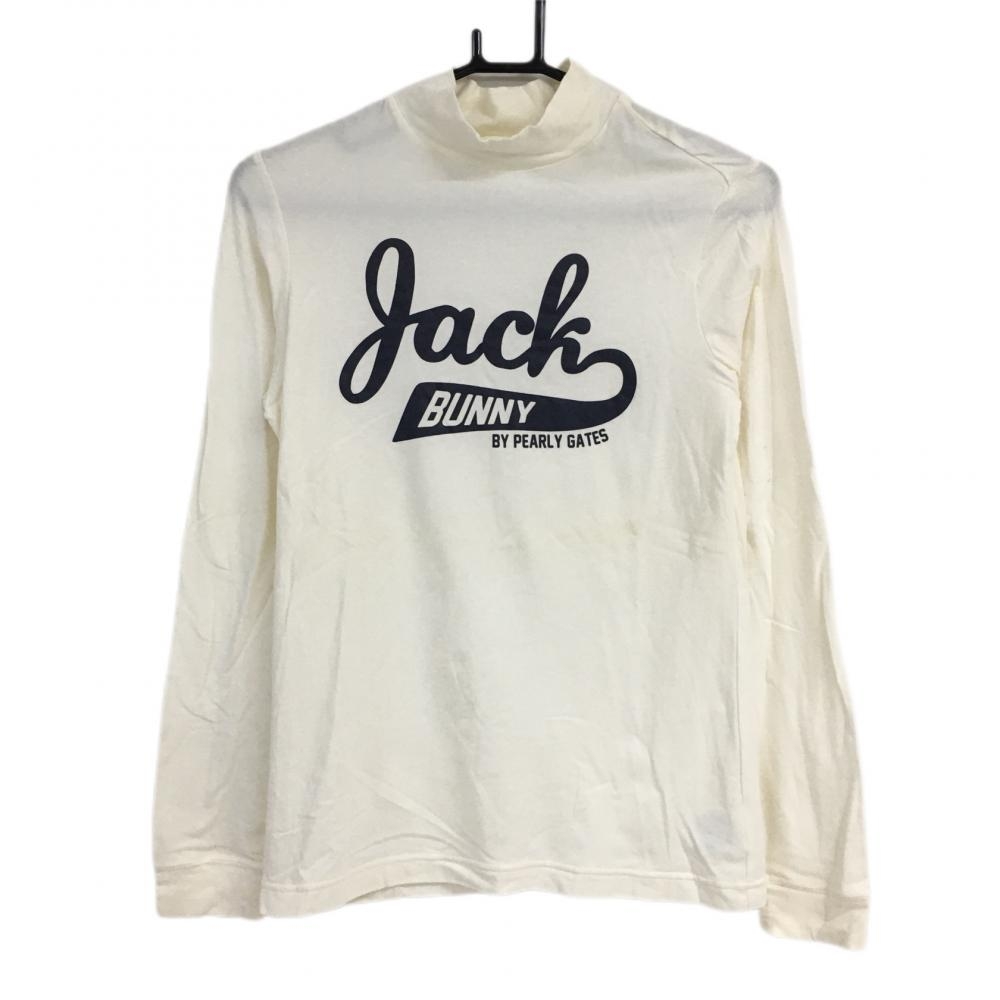 ジャックバニー 長袖ハイネックシャツ 白×ネイビー ビッグロゴ 日本製 レディース 2(L) ゴルフウェア Jack Bunny