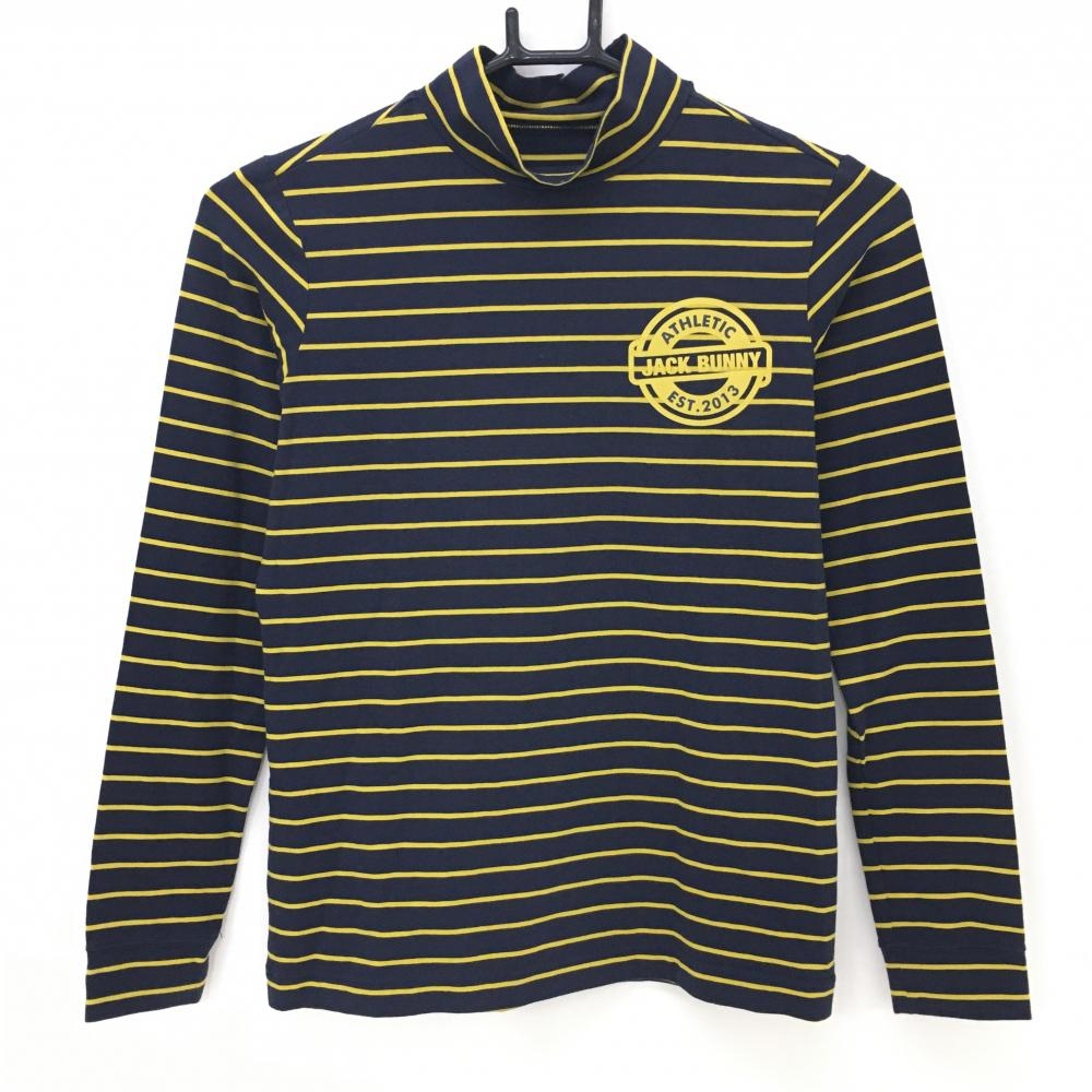 【美品】ジャックバニー 長袖ハイネックシャツ ダークネイビー×イエロー ボーダー ロゴプリント レディース 0(S) ゴルフウェア Jack Bunny