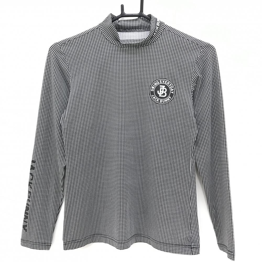 【超美品】ジャックバニー 長袖ハイネックシャツ 白×黒 千鳥格子 胸ロゴ レディース 2(L) ゴルフウェア Jack Bunny