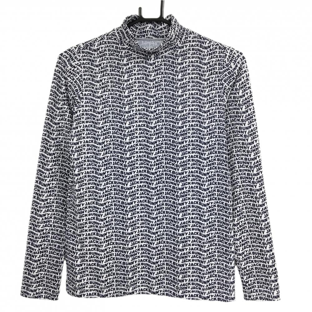 【超美品】ジャックバニー 長袖ハイネックシャツ 白×ネイビー ロゴ総柄 インナーシャツ レディース 0(S) ゴルフウェア Jack Bunny