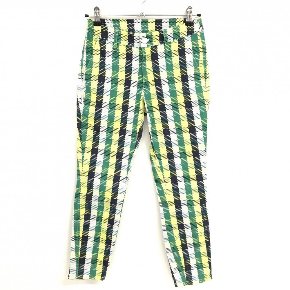 【超美品】ジャックバニー パンツ グリーン×イエロー×ネイビー ブロックチェック風 レディース 0(S) ゴルフウェア Jack Bunny