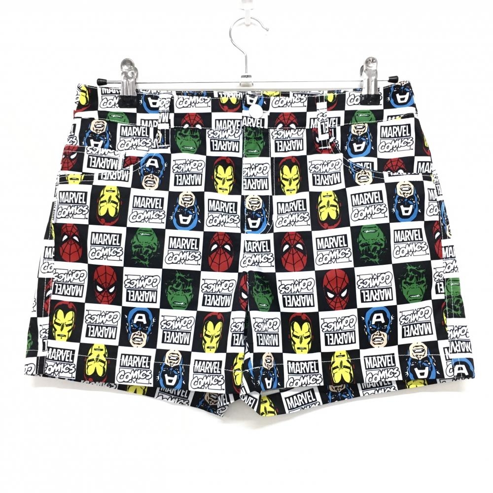 【超美品】ジャックバニー×MARVEL ショートパンツ 白×黒×マルチカラー マーベル総柄 レディース 2(L) ゴルフウェア Jack Bunny
