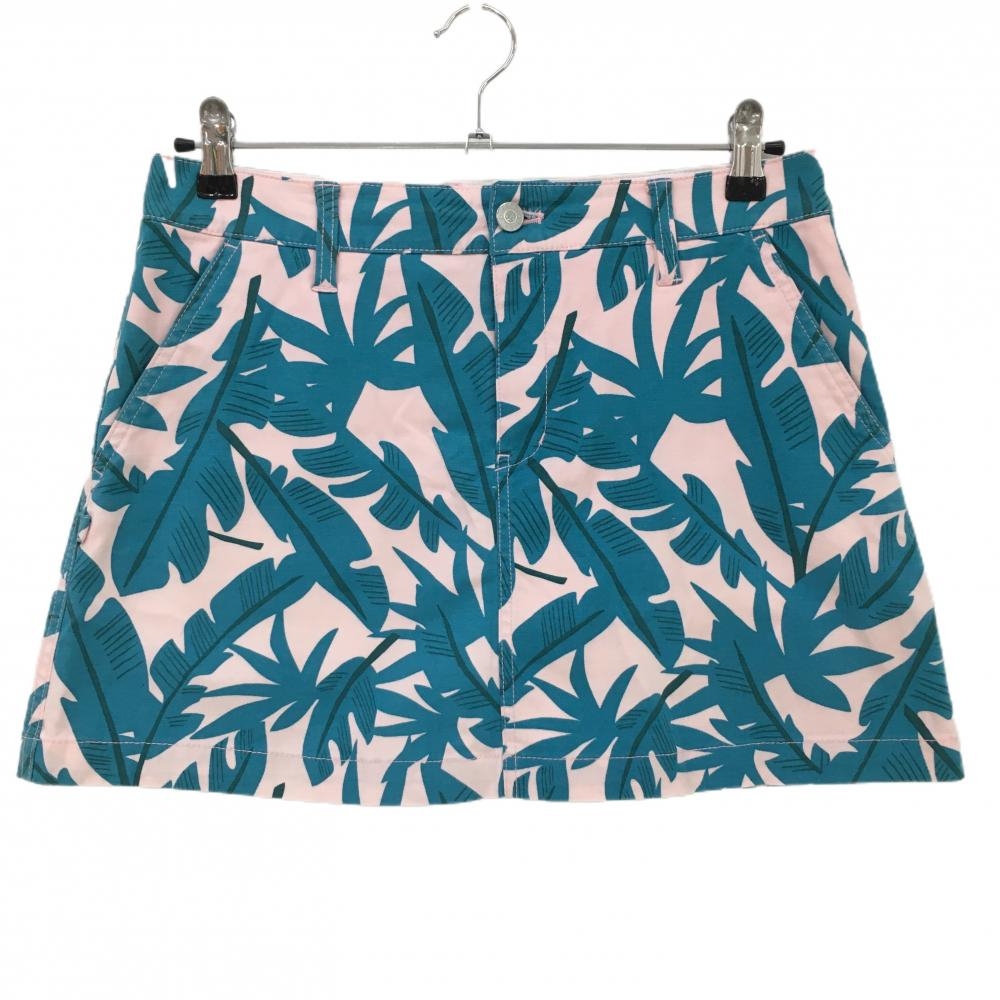 【美品】ジャックバニー スカート ライトピンク×ブルーグリーン リーフ柄 バックロゴ レディース 2(L) ゴルフウェア Jack Bunny