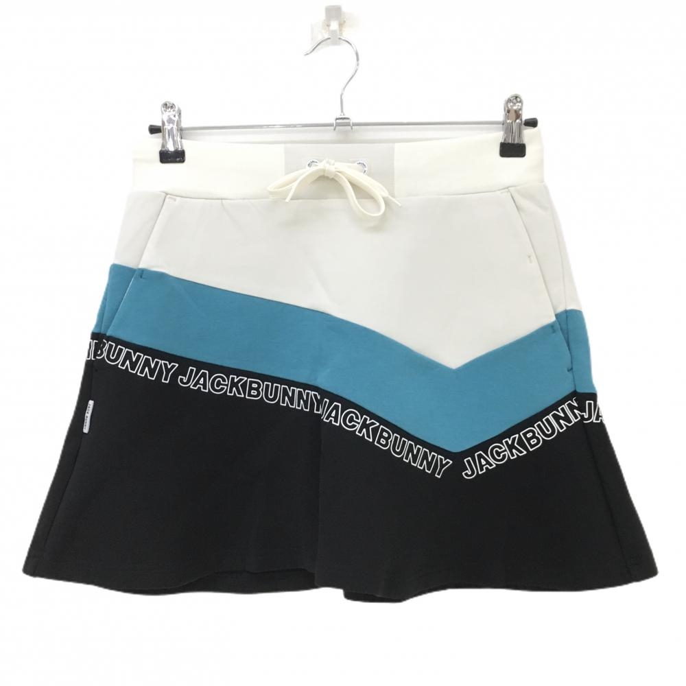 【超美品】ジャックバニー フレアスカート 黒×ブルー系×白  ウエストゴム レディース 2(L) ゴルフウェア 2022年モデル Jack Bunny