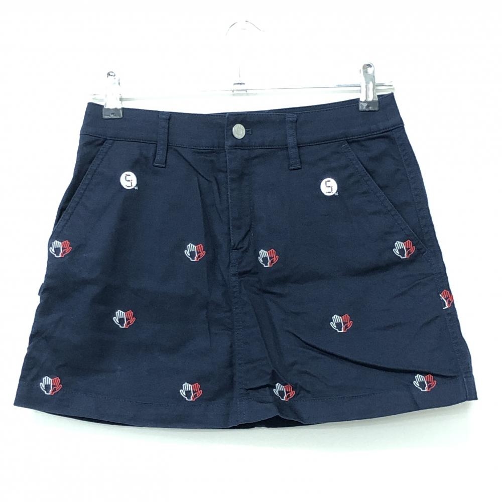 【超美品】ジャックバニー スカート ネイビー×レッド 手刺しゅう総柄 内側インナーパンツ レディース 0 ゴルフウェア Jack Bunny