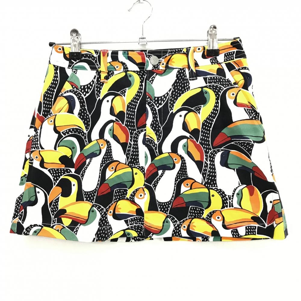 【美品】ジャックバニー スカート 白×マルチカラー 鳥総柄 ストレッチ  レディース 0(S) ゴルフウェア Jack Bunny