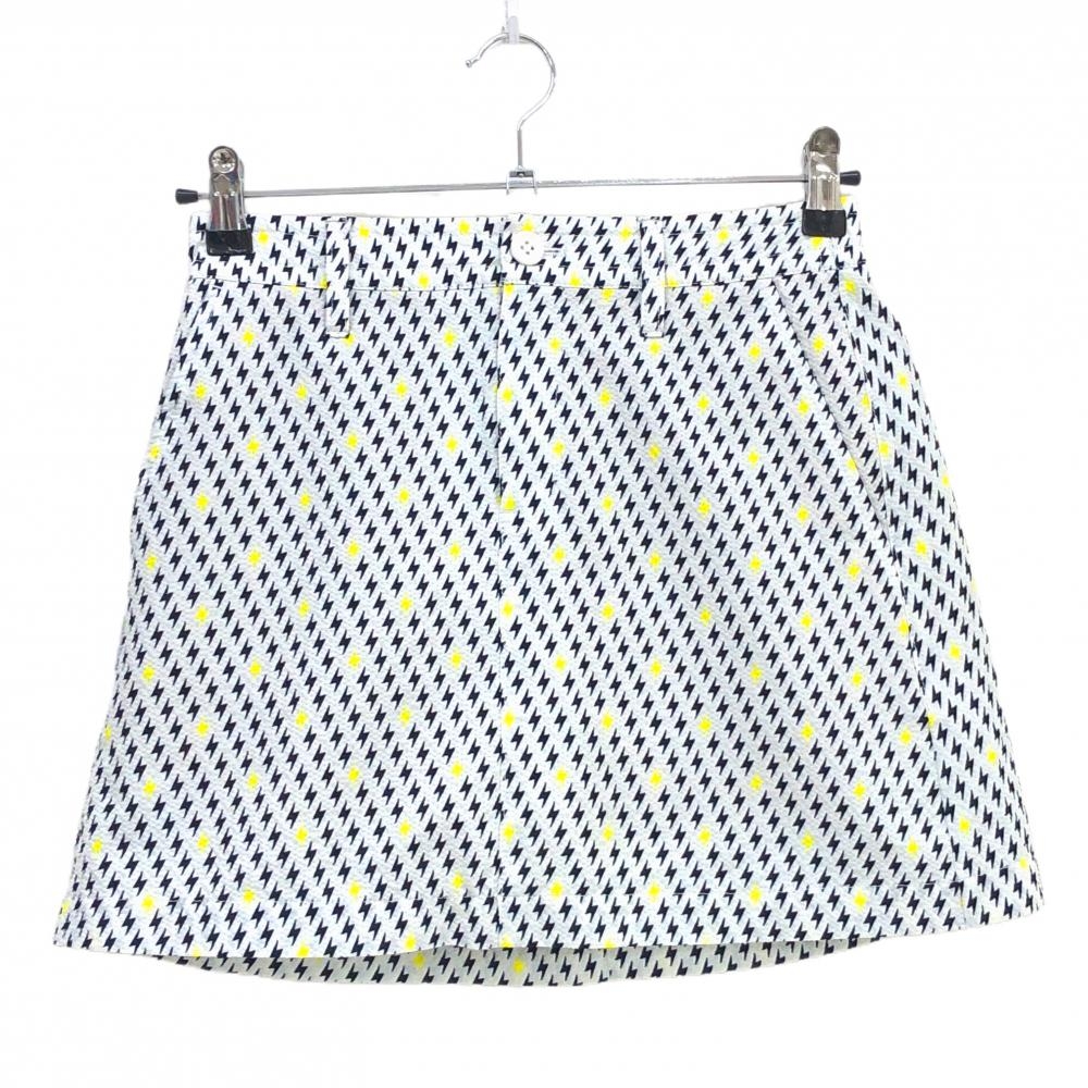 【超美品】ジャックバニー スカート 白×黒×蛍光イエロー 総柄 後ろウエストゴム  レディース 0(S) ゴルフウェア Jack Bunny