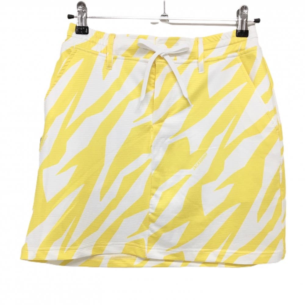 【美品】ジャックバニー スカート 白×イエロー 稲妻風総柄 ボーダー調織生地 レディース 2(L) ゴルフウェア Jack Bunny