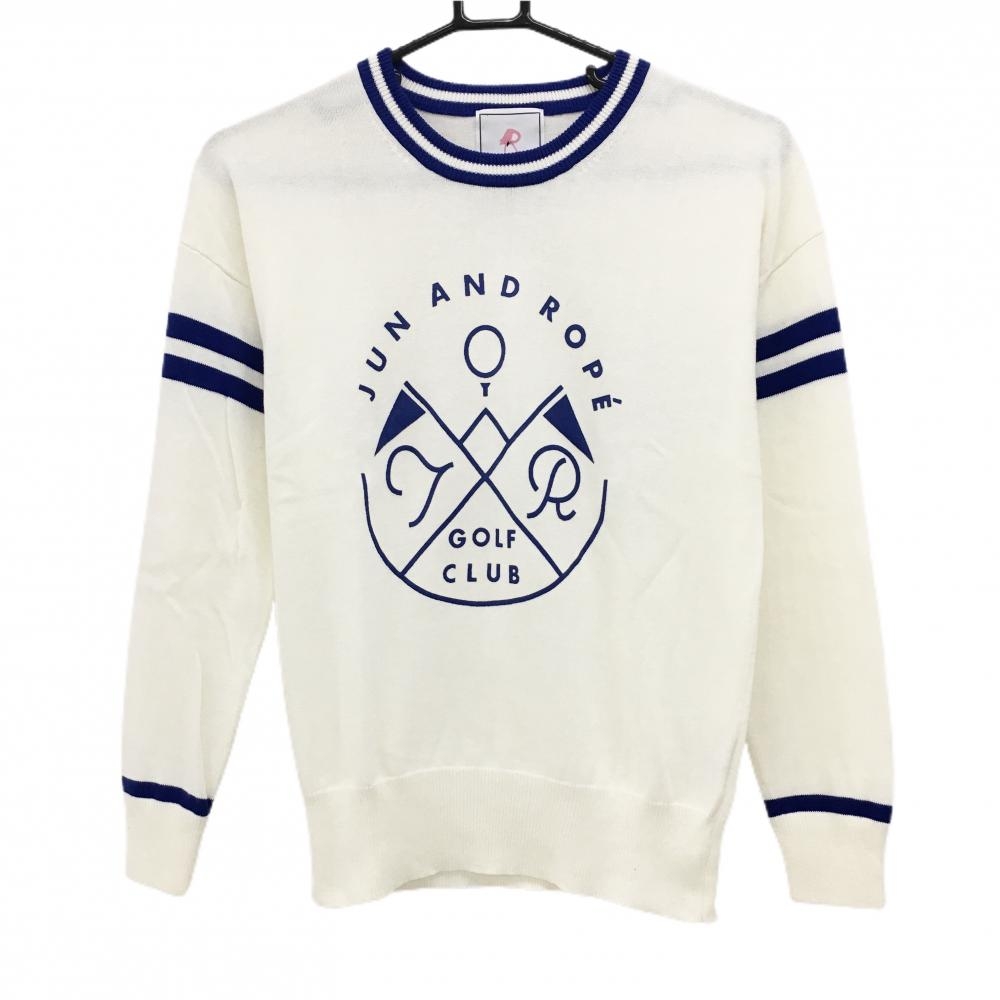 【超美品】ジュンアンドロペ セーター 白×ブルー ニット アクリル混 袖ライン レディース M ゴルフウェア JUN＆ROPE