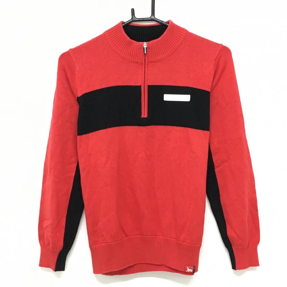 ジュンアンドロペ ハイネックセーター レッド×黒 ハーフジップ コットン混 ニット レディース L ゴルフウェア JUN＆ROPE