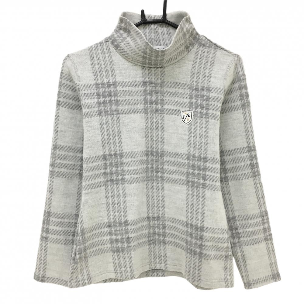 ジュンアンドロペ ハイネックセーター ライトグレー×グレー チェック ワッペン ウール混 ニット レディース L ゴルフウェア JUN＆ROPE