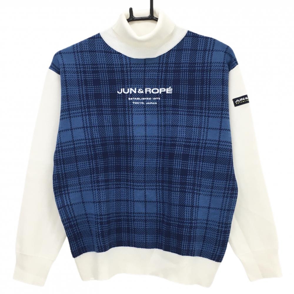【美品】ジュンアンドロペ タートルネックセーター 白×ブルー×ネイビー グレンチェック  レディース M ゴルフウェア JUN＆ROPE