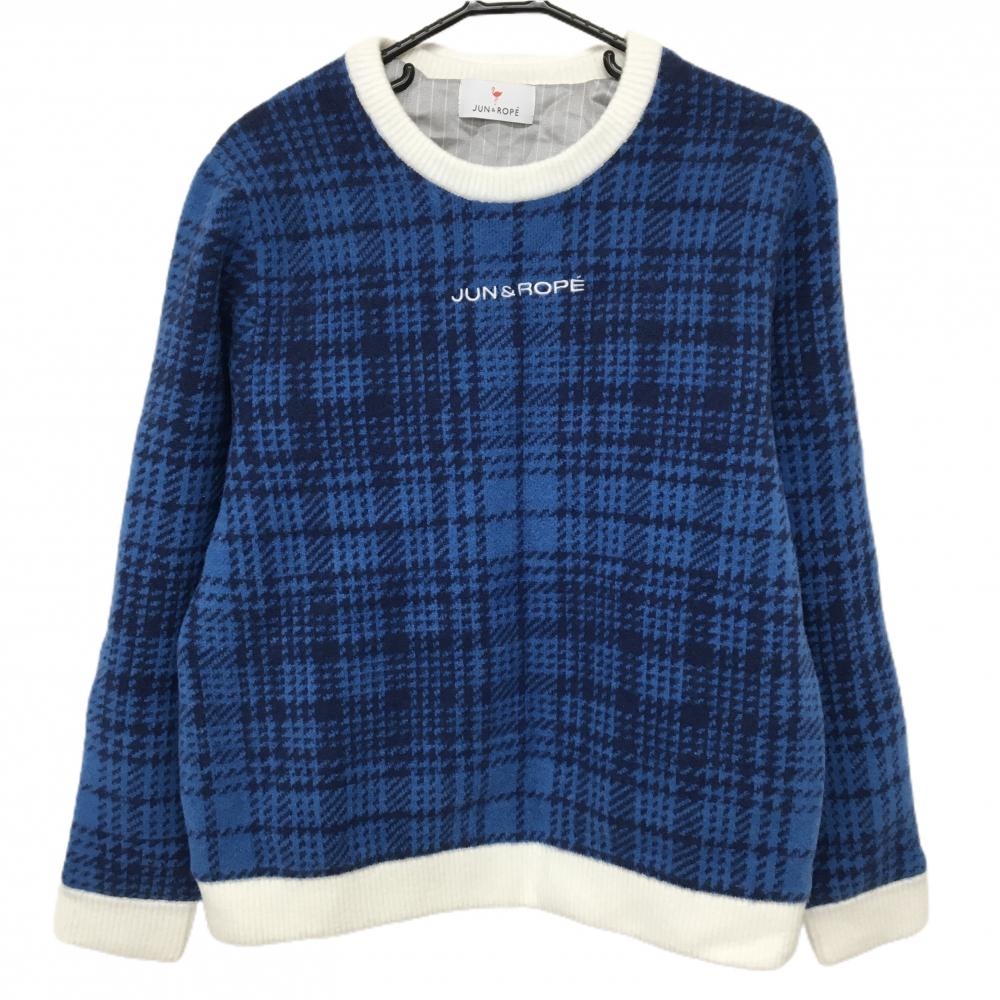 【超美品】ジュンアンドロペ 中綿異素材スニード ブルー×白 チェック 前ニット ブルゾン レディース L ゴルフウェア JUN＆ROPE