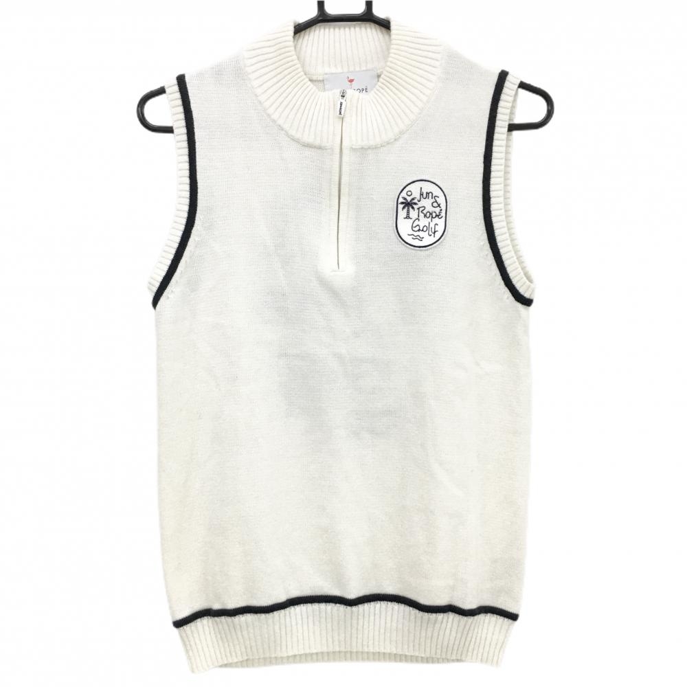 【美品】ジュンアンドロペ ニットベスト 白×ネイビー ハーフジップ 後ろビッグロゴ  レディース L ゴルフウェア JUN＆ROPE