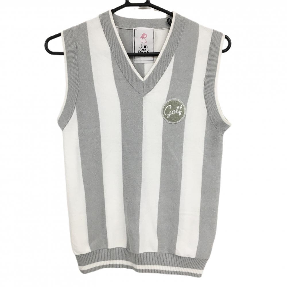 【美品】ジュンアンドロペ ニットベスト 白×グレー ストライプ Vネック レディース M ゴルフウェア JUN＆ROPE