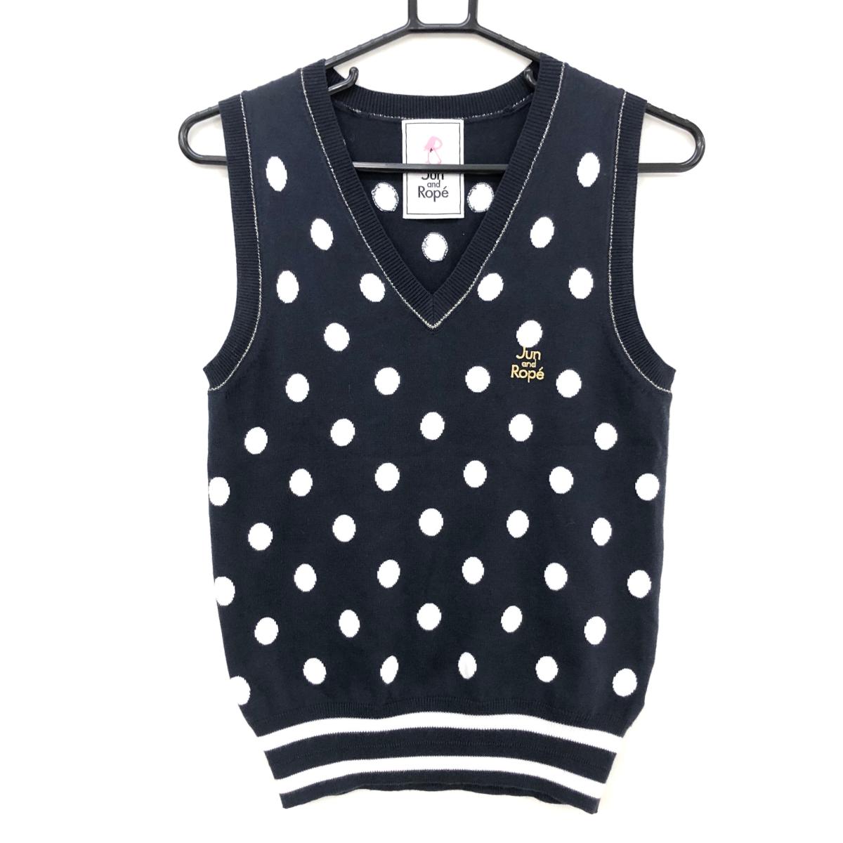 【美品】ジュンアンドロペ ニットベスト ネイビー×白 ドット柄 ロゴ刺しゅう コットン混 レディース L ゴルフウェア JUN＆ROPE