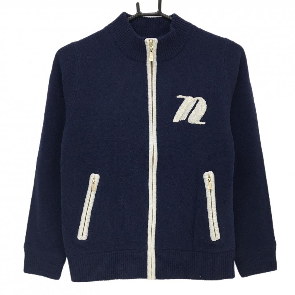 ジュンアンドロペ ニットジャケット ネイビー×白 背面英字 蓄熱裏地 レディース M ゴルフウェア JUN＆ROPE
