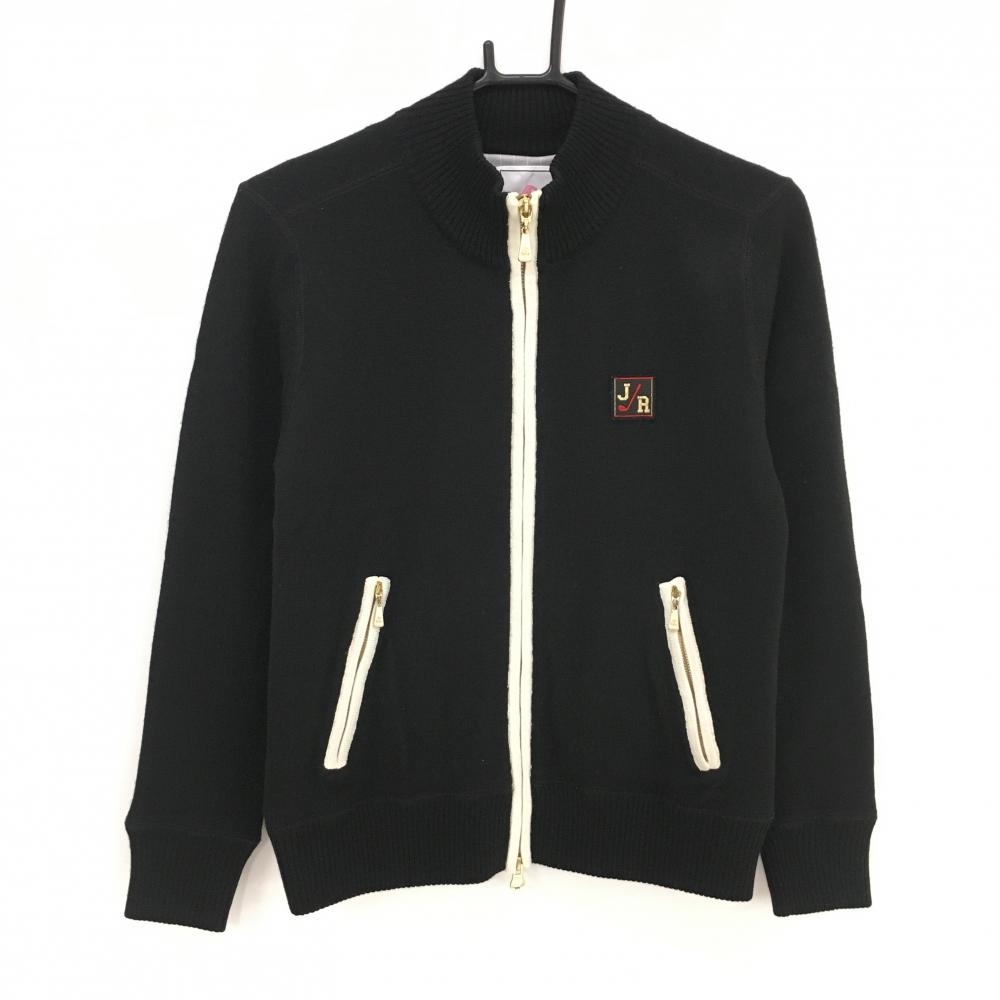 ジュンアンドロペ ニットジャケット 黒×白 蓄熱裏地 胸ロゴ ウール混 ニット レディース M ゴルフウェア JUN＆ROPE