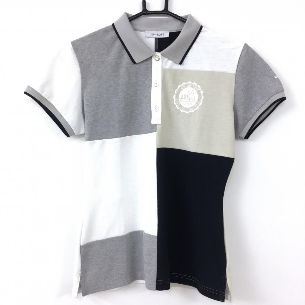 JUN＆ROPE ジュンアンドロペ 半袖ポロシャツ グレー×黒×白 プリント レディース M ゴルフウェア