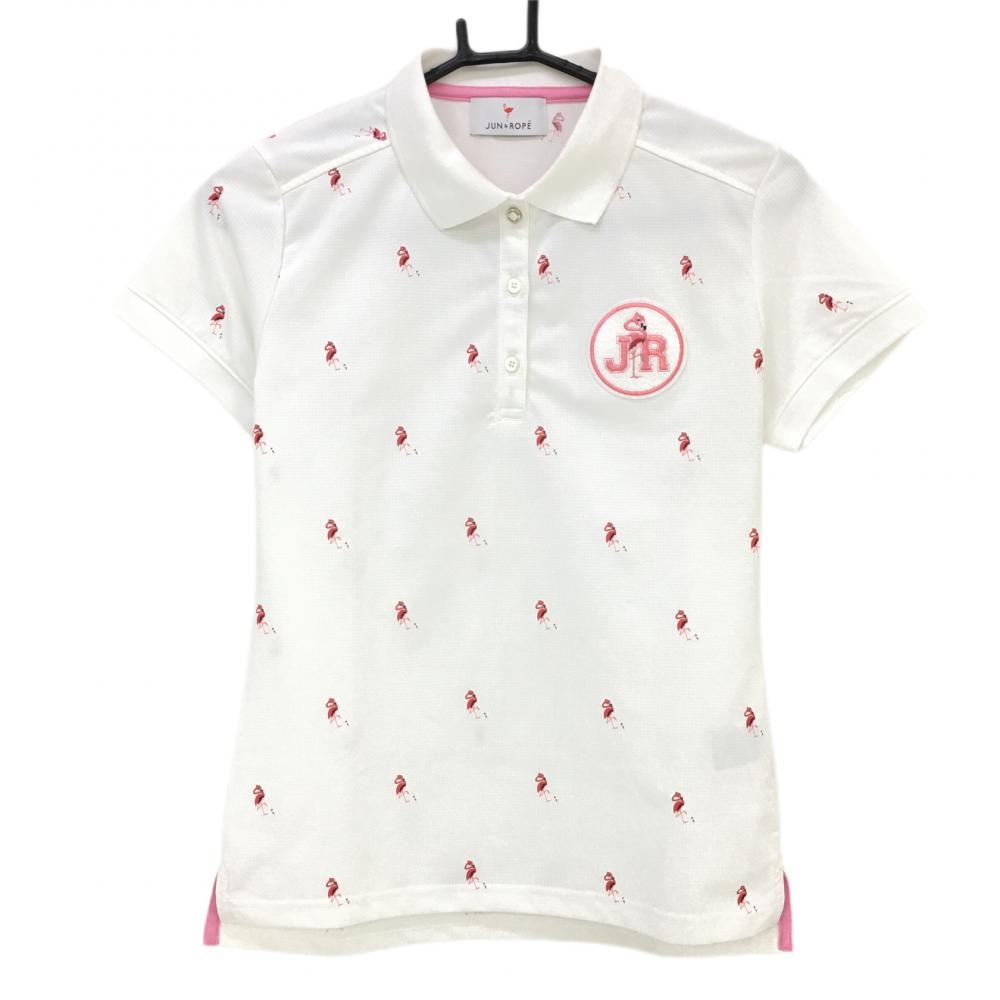 ジュンアンドロペ 半袖ポロシャツ 白×ピンク フラミンゴ柄 レディース S ゴルフウェア JUN＆ROPE