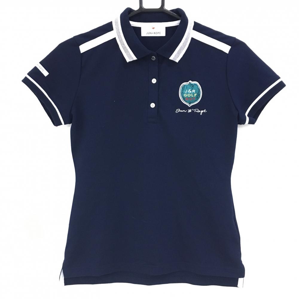 ジュンアンドロペ 半袖ポロシャツ ネイビー×白 肩白ライン ワッペン  レディース S ゴルフウェア JUN＆ROPE