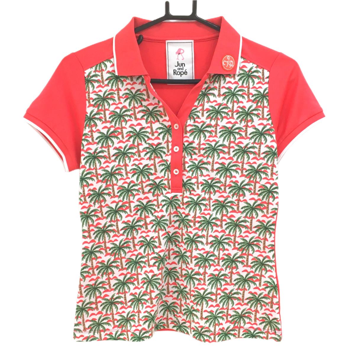 【超美品】ジュンアンドロペ 半袖ポロシャツ レッド系×白 前面ヤシの木総柄 ロゴ レディース S ゴルフウェア JUN＆ROPE