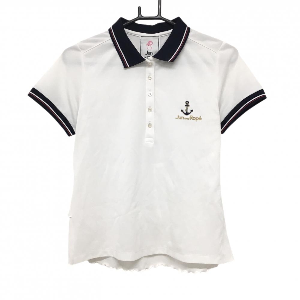 ジュンアンドロペ 半袖ポロシャツ 白×ネイビー 後フリル レディース L ゴルフウェア JUN＆ROPE