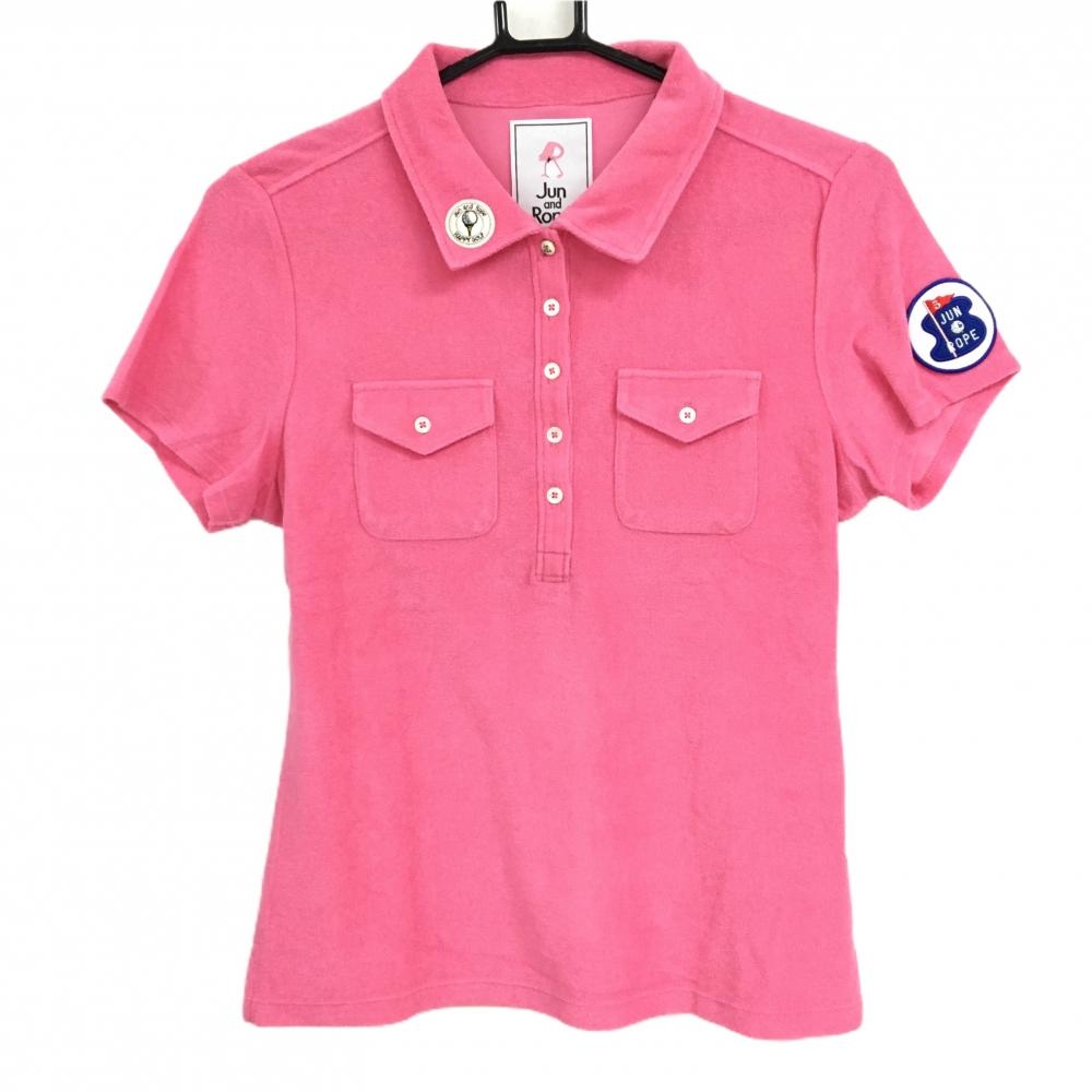 【美品】ジュンアンドロペ 半袖ポロシャツ ピンク パイル地 袖ワッペン レディース L ゴルフウェア JUN＆ROPE