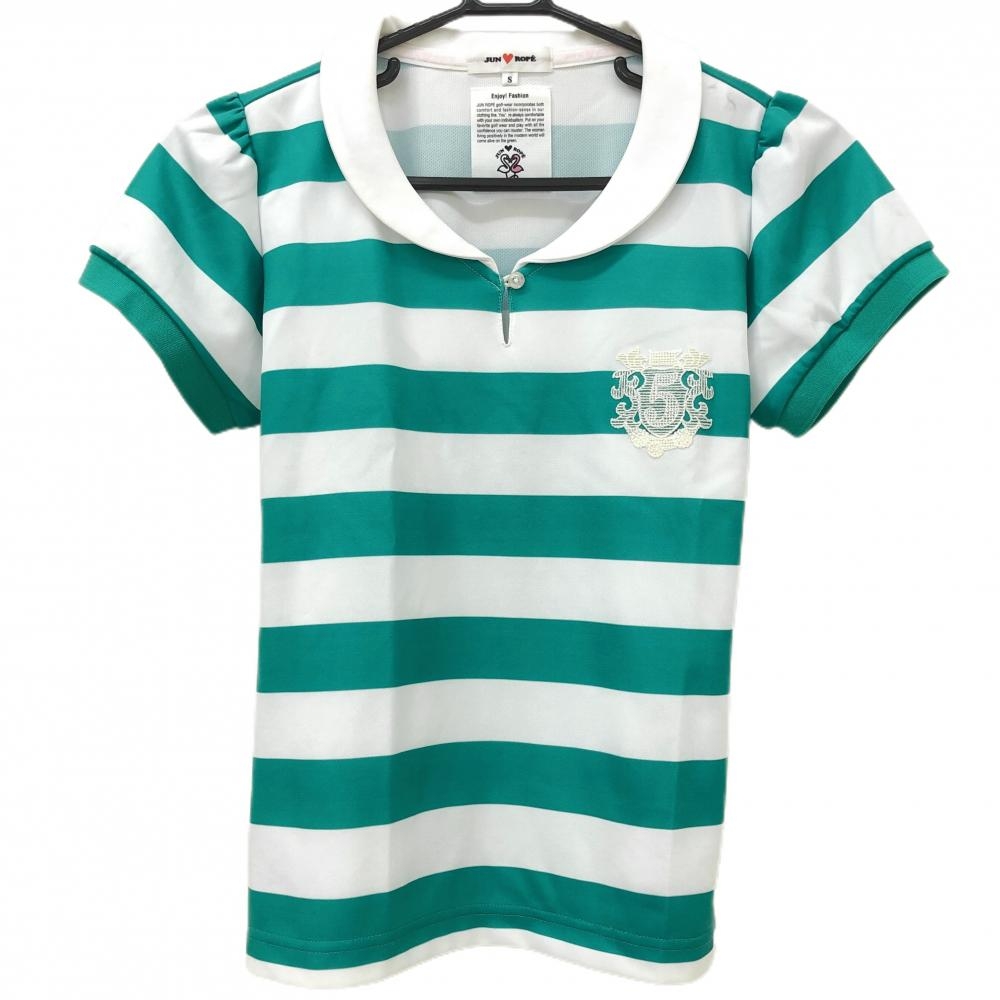 ジュンアンドロペ 半袖ポロシャツ 白×エメラルドグリーン ボーダー 丸襟 レディース S ゴルフウェア JUN＆ROPE