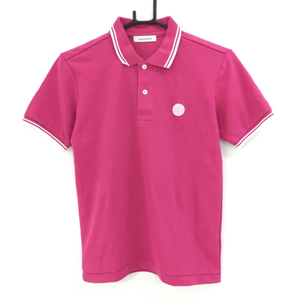 【美品】ジュンアンドロペ 半袖ポロシャツ ピンク×白 襟・袖口ライン ロゴワッペン レディース S ゴルフウェア JUN＆ROPE