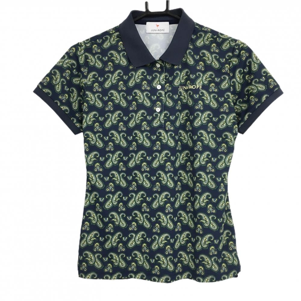 【美品】ジュンアンドロペ 半袖ポロシャツ ネイビー×イエロー×グリーン 総柄 ペイズリー調 レディース M ゴルフウェア JUN＆ROPE