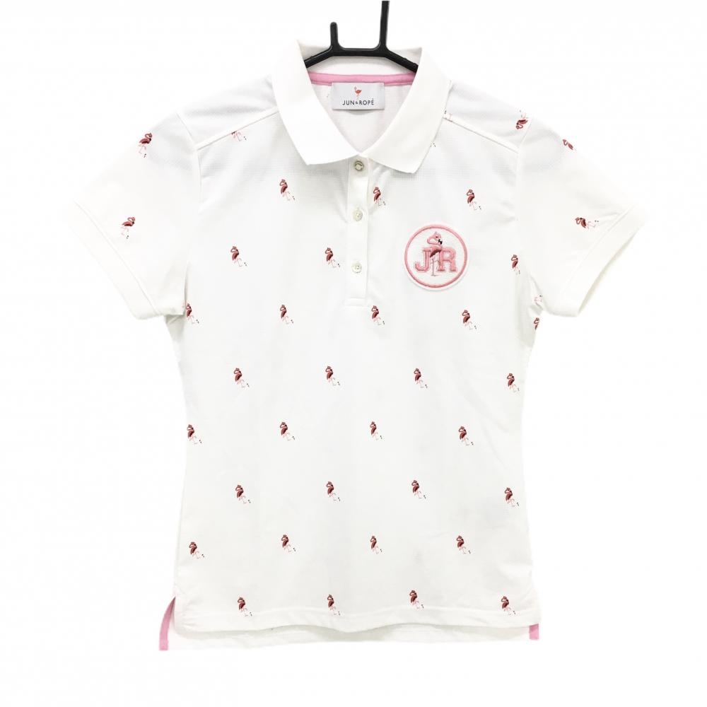 【美品】ジュンアンドロペ 半袖ポロシャツ 白×ピンク フラミンゴ総柄 レディース S ゴルフウェア JUN＆ROPE