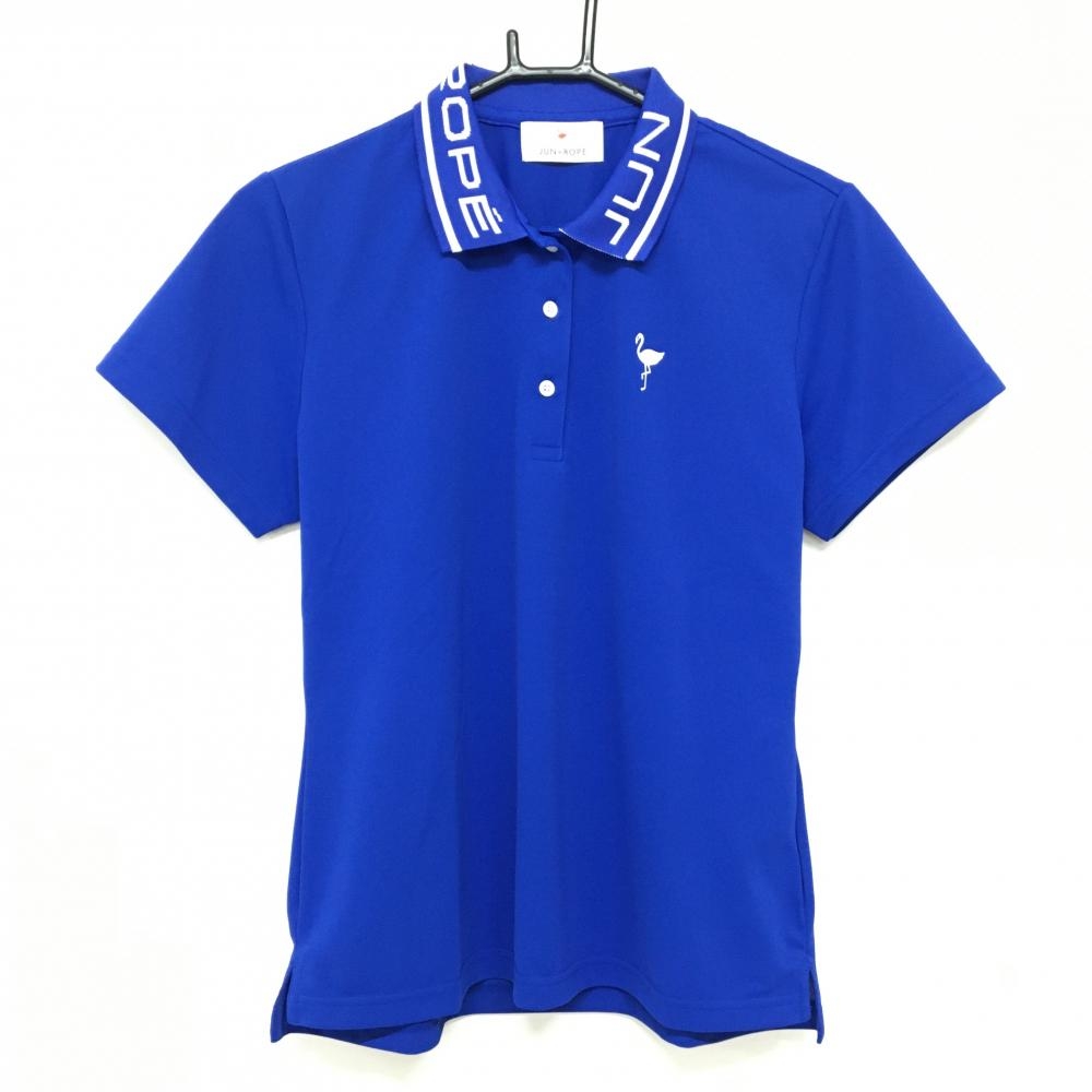 【超美品】ジュンアンドロペ 半袖ポロシャツ ブルー×白 襟ロゴ フラミンゴプリント  レディース L ゴルフウェア JUN＆ROPE
