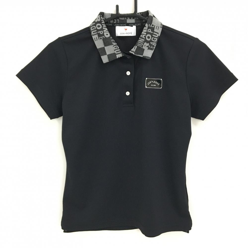 【超美品】ジュンアンドロペ 半袖ポロシャツ 黒×グレー 襟柄 バックプリント レディース S ゴルフウェア JUN＆ROPE