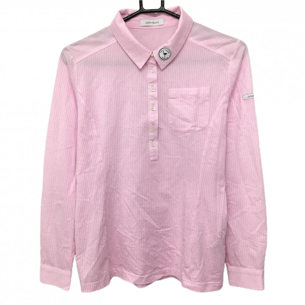 【美品】ジュンアンドロペ 長袖ポロシャツ ピンク×白 ストライプ ワッペン  レディース L ゴルフウェア JUN＆ROPE