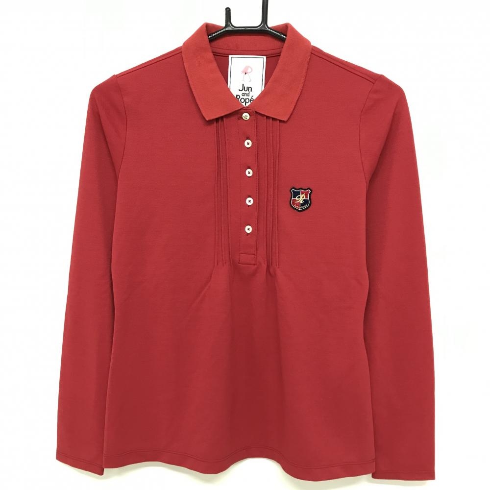 ジュンアンドロペ 長袖ポロシャツ レッド 胸元ワッペン ロゴボタン レディース M ゴルフウェア JUN＆ROPE