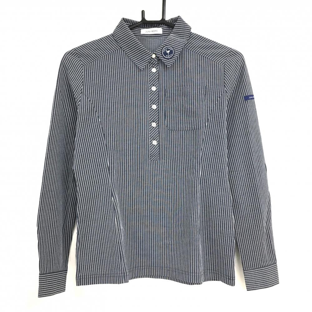 ジュンアンドロペ 長袖ポロシャツ グレー×白 ストライプ  レディース S ゴルフウェア JUN＆ROPE
