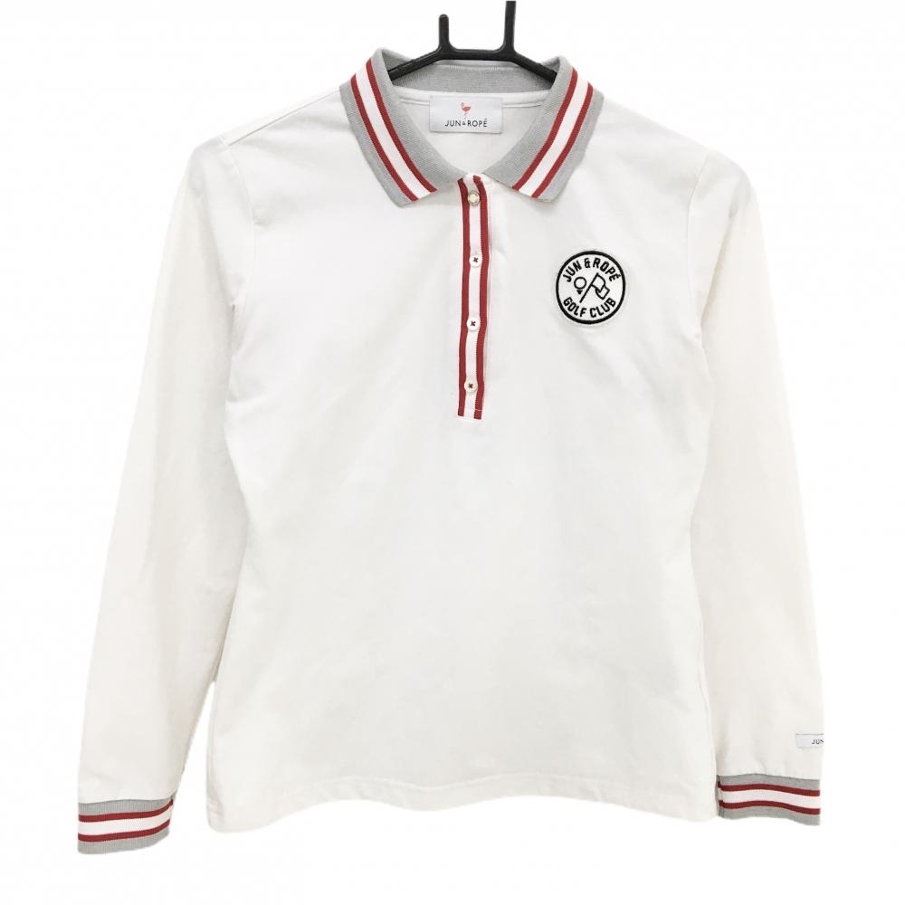 ジュンアンドロペ 長袖ポロシャツ 白×レッド リブライン ワッペン レディース M ゴルフウェア JUN＆ROPE