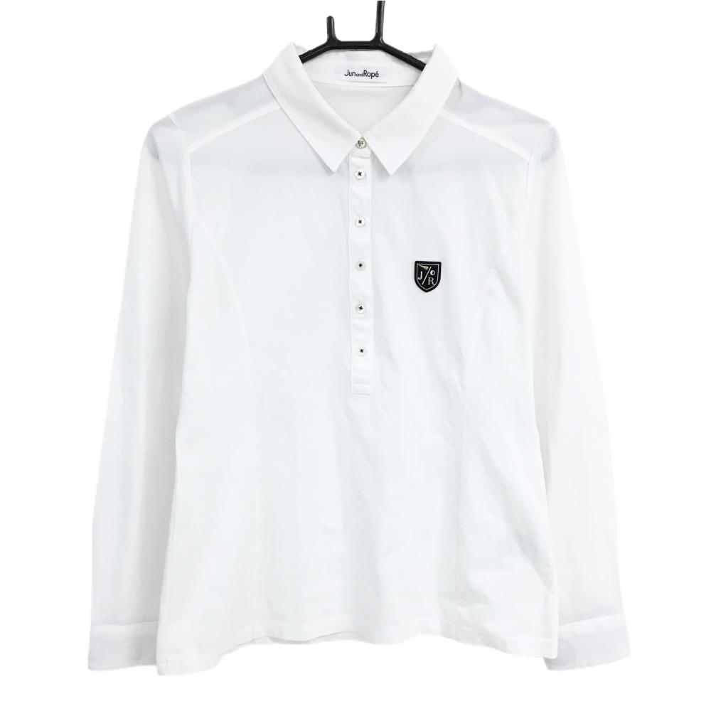 【超美品】ジュンアンドロペ 長袖ポロシャツ 白 胸ワッペン 袖口裏ボーダー レディース L ゴルフウェア JUN＆ROPE