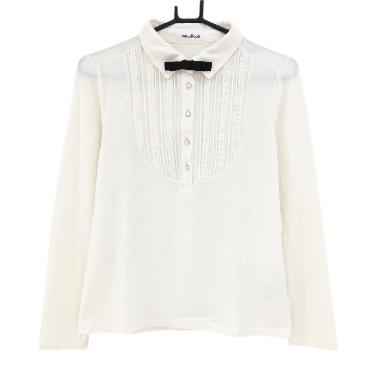 【美品】ジュンアンドロペ 長袖ポロシャツ 白 前立て付近フリル レディース M ゴルフウェア JUN＆ROPE