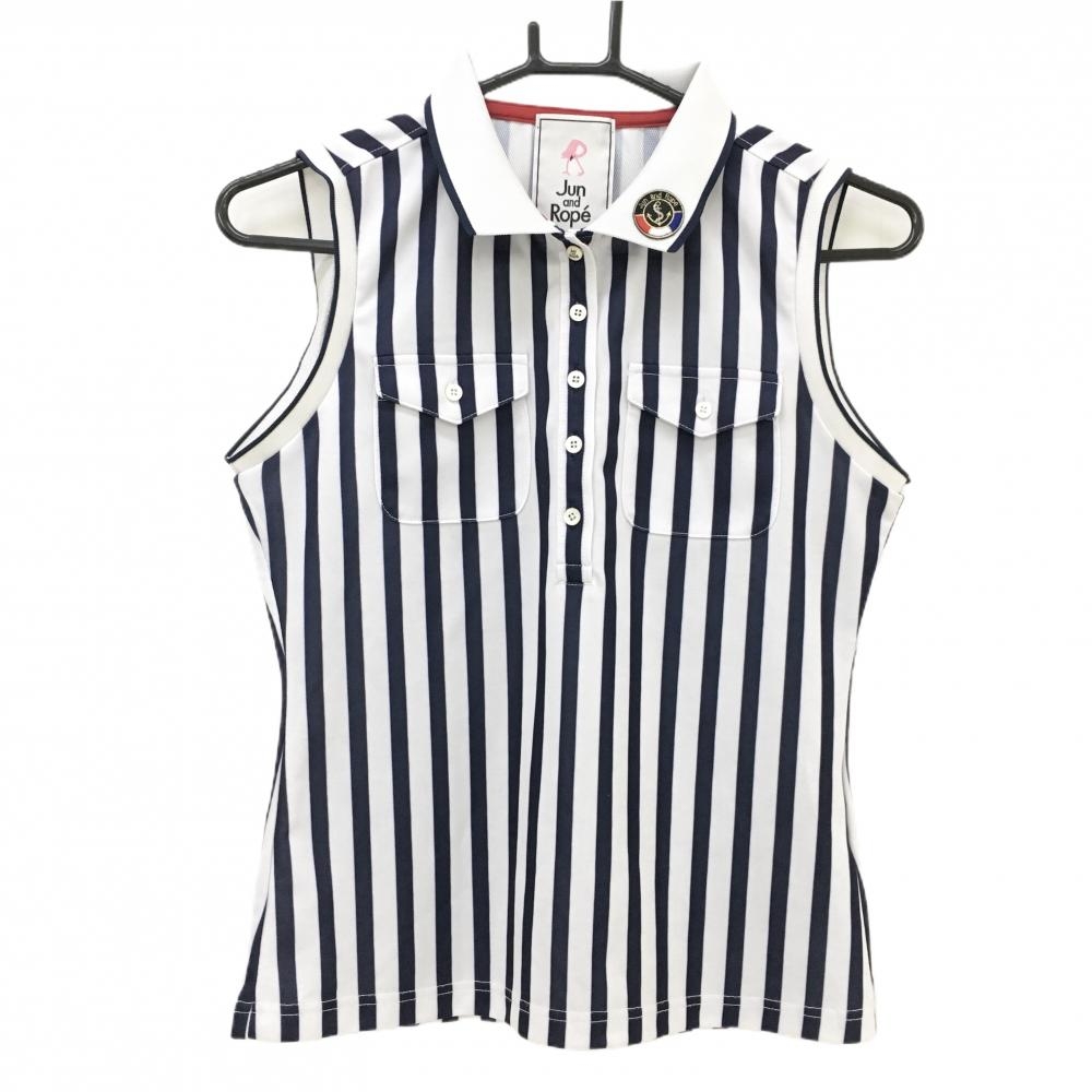 【美品】ジュンアンドロペ ノースリーブポロシャツ 白×ネイビー ストライプ ネックロゴ レディース M ゴルフウェア JUN＆ROPE
