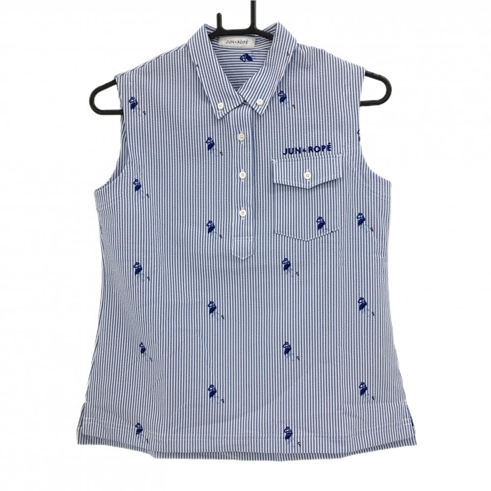 【超美品】ジュンアンドロペ ノースリーブポロシャツ 白×ブルー ストライプ フラミンゴ柄  レディース M ゴルフウェア JUN＆ROPE