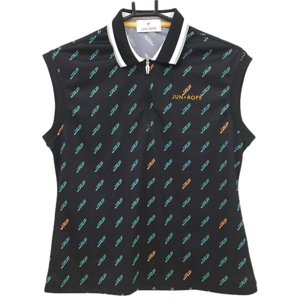 【美品】ジュンアンドロペ ノースリーブポロシャツ 黒×ブルーグリーン 英字総柄 ハーフジップ  レディース L ゴルフウェア JUN＆ROPE