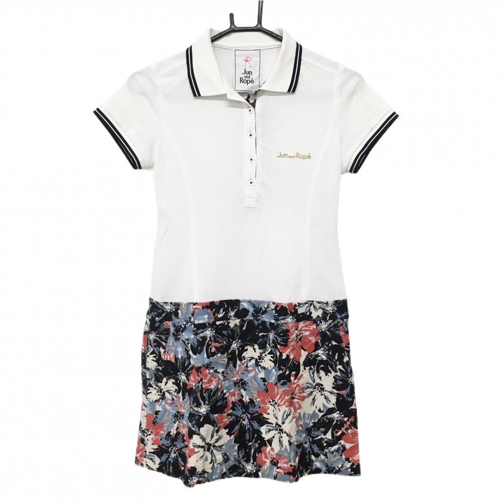 ジュンアンドロペ 半袖ポロワンピース 白×ネイビー×レッド 裾花柄 レディース S ゴルフウェア JUN＆ROPE