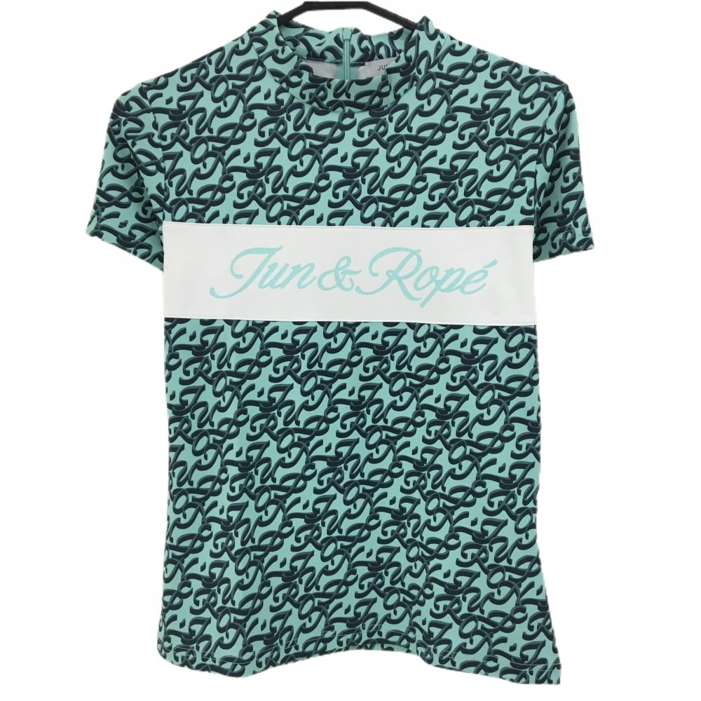 ジュンアンドロペ 半袖ハイネックシャツ ライトブルー×ネイビー ロゴ総柄 胸元切替 レディース M ゴルフウェア JUN＆ROPE