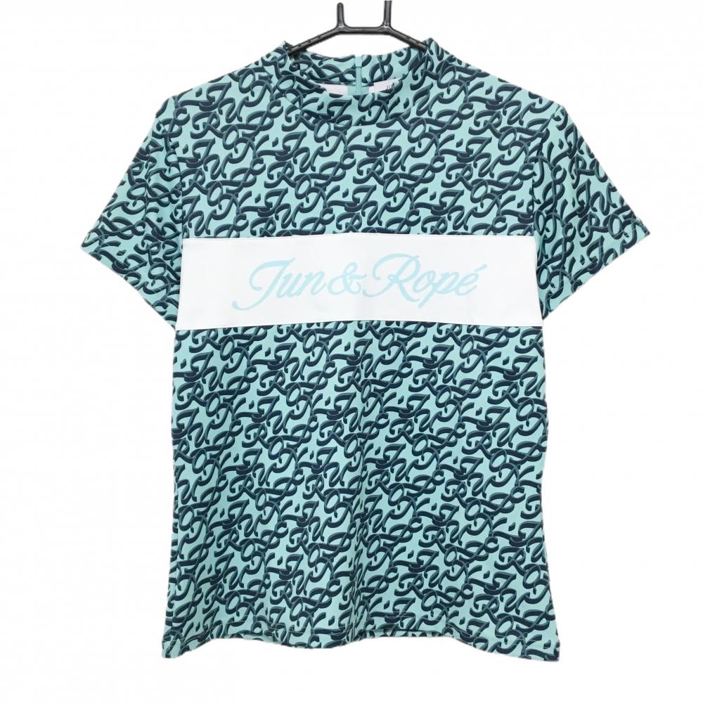 ジュンアンドロペ 半袖ハイネックシャツ ミントグリーン×ネイビー 英字総柄 レディース L ゴルフウェア JUN＆ROPE
